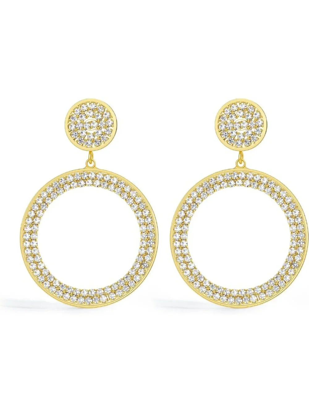 Gorgeous Gold Plated Circle Drop Earrings with Pavé Crystal Rhinestones, 60mm